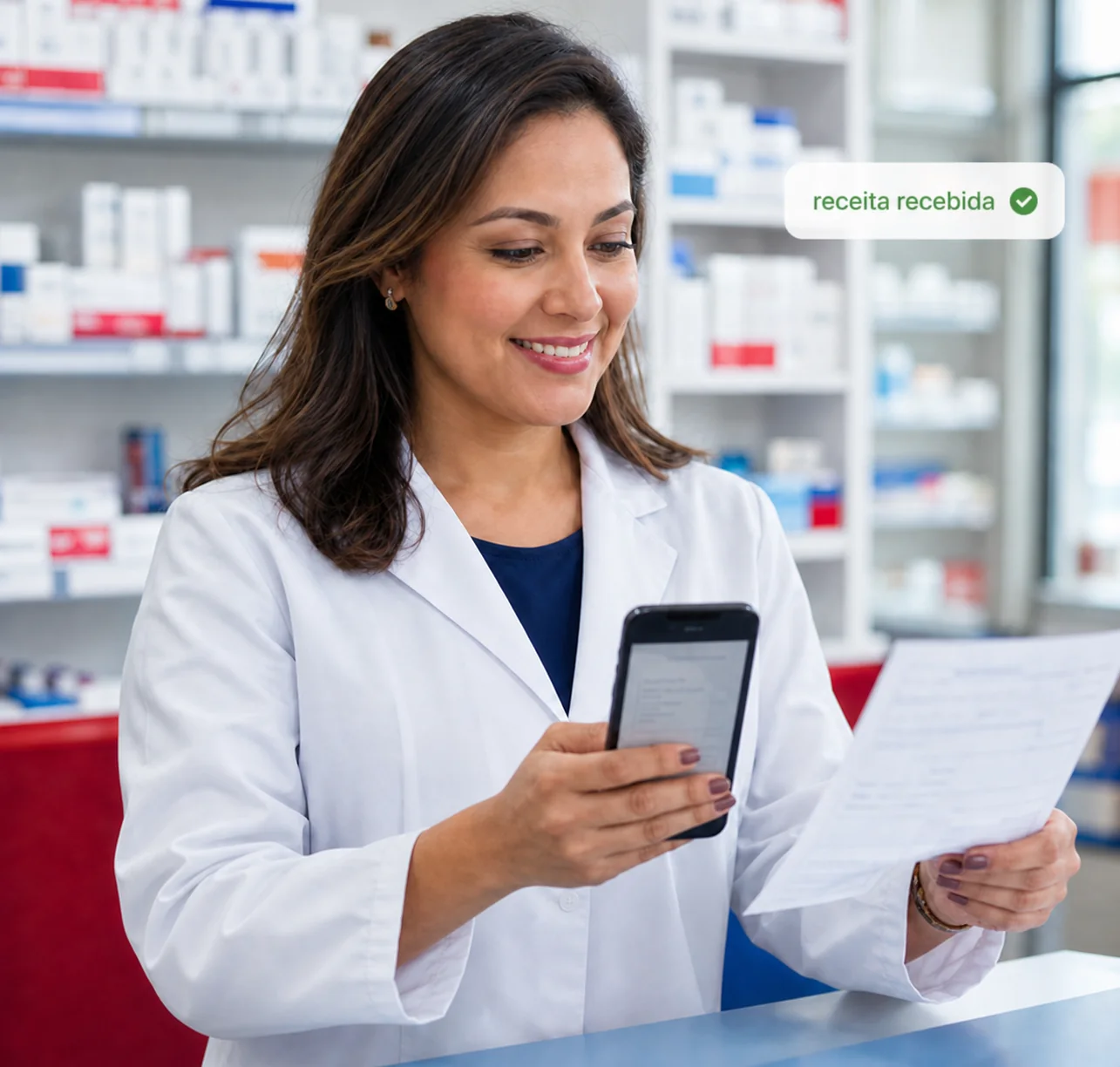 Farmacêutica conferindo uma receita durante o atendimento