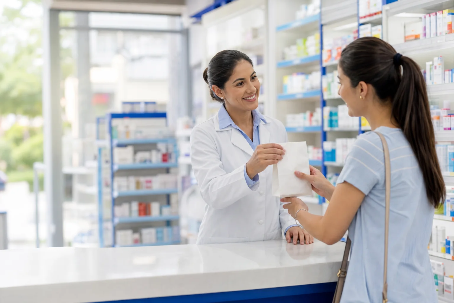 Farmacêutica atendendo uma cliente com atenção